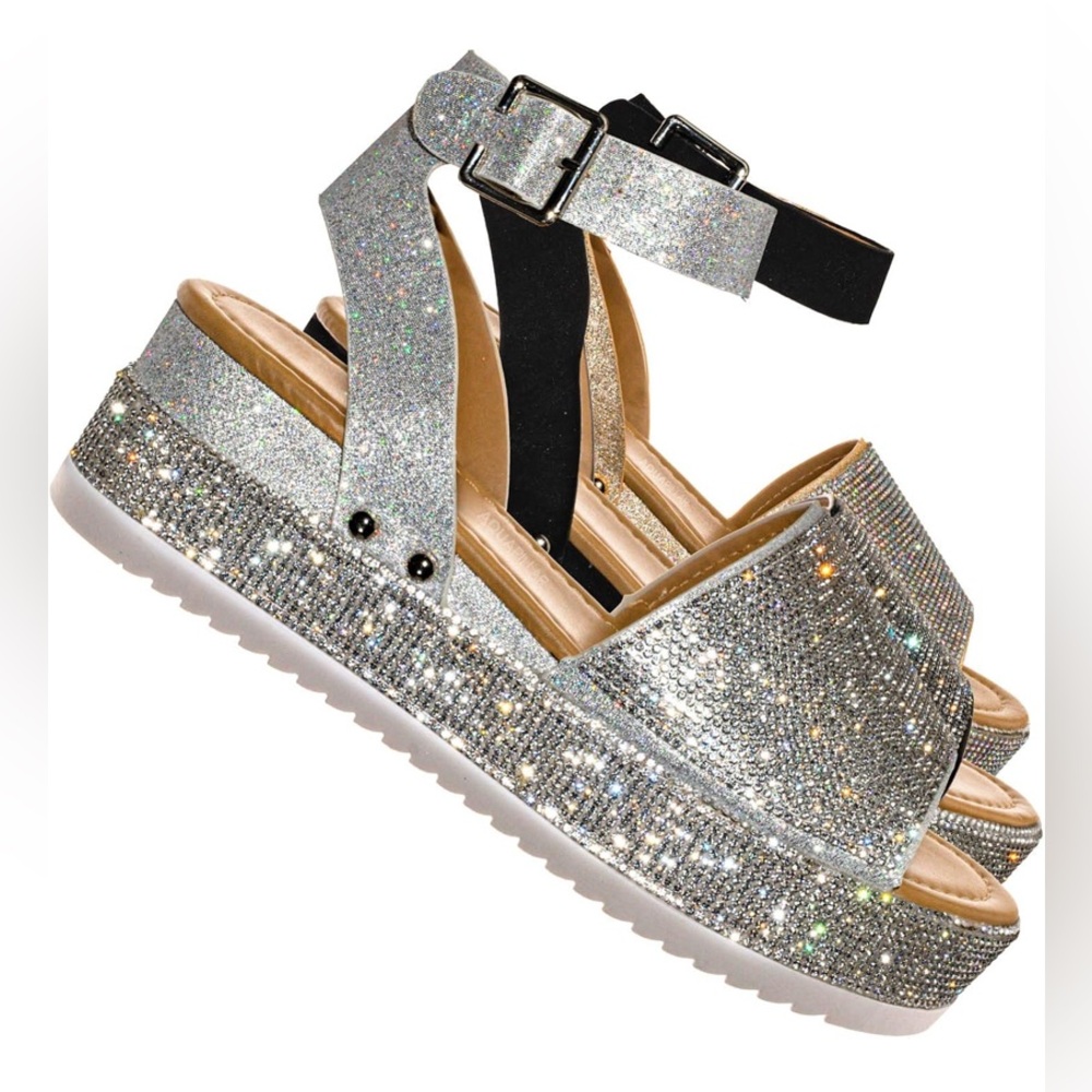 Rhinestone Glitter Platform Sandal - Women Ankle Strap Crystal Party Disco